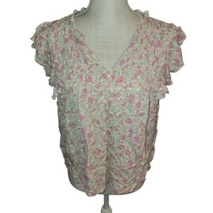 Lucky Brand Short Sleeve Smocked V-Neck Ruffle Sleeve Floral Peasant Top Size L